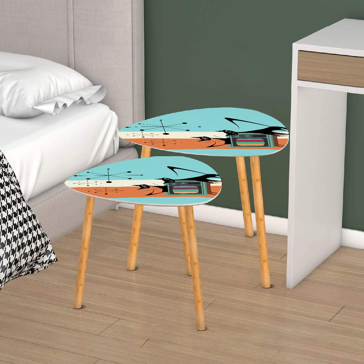 Atomic Kitschy Cats, Mid Century Modern Nesting Tables, Aqua Orange, Retro Side Tables - Mid Century Modern Gal