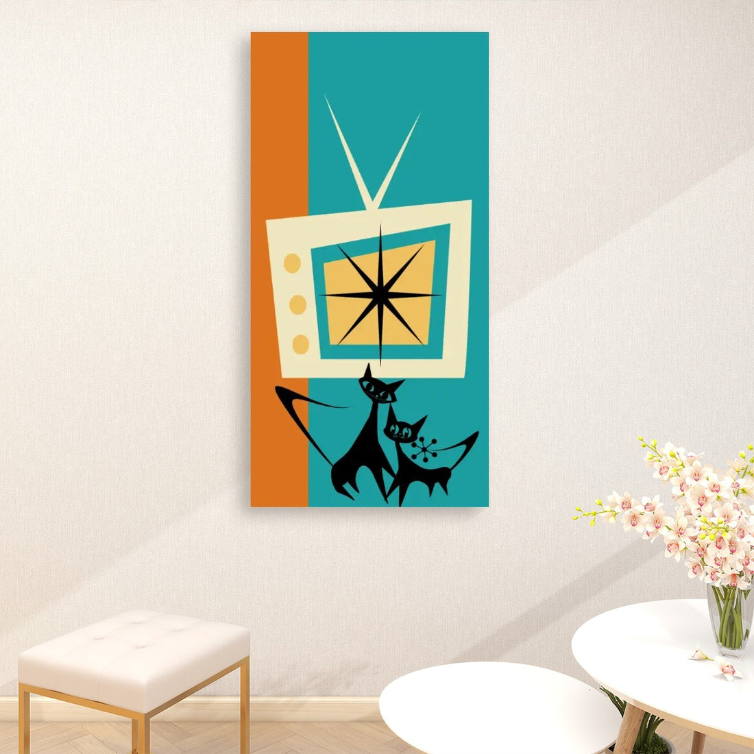 Atomic Cat Wall Art, Kitschy Mid Mod Teal Orange Retro TV Large Canvas - Mid Century Modern Gal