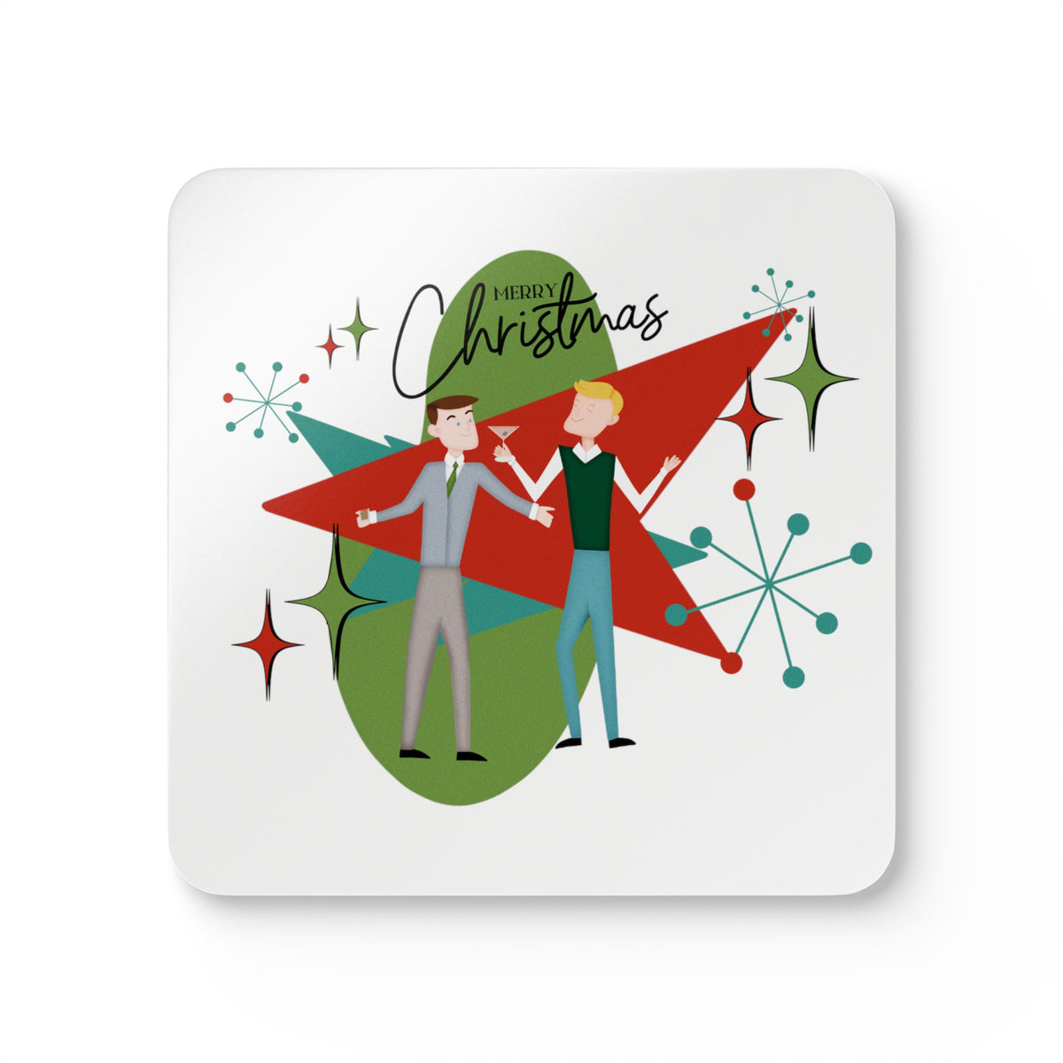 Mid Century Modern Christmas Coaster, Gay Male Couple Kitschy 50's Designed Corkwood Coaster Set - Mid Century Modern Gal