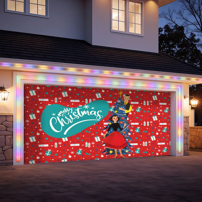 Mid Century Modern Christmas Kitschy 50s Garage Door Banner Backdrop - Mid Century Modern Gal