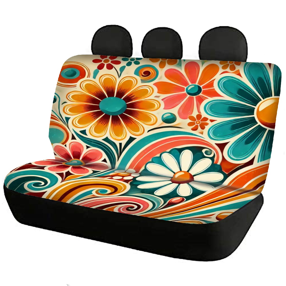 70s Car Seat Covers, Retro Flower Power Hippie Groovy Front And Back Covers - Mid Century Modern Gal