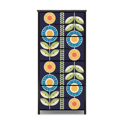 Modern Scandinavian Flower Blue, Orange, Yellow, Green Mid Century Modern 4-Drawer Dresser - Mid Century Modern Gal
