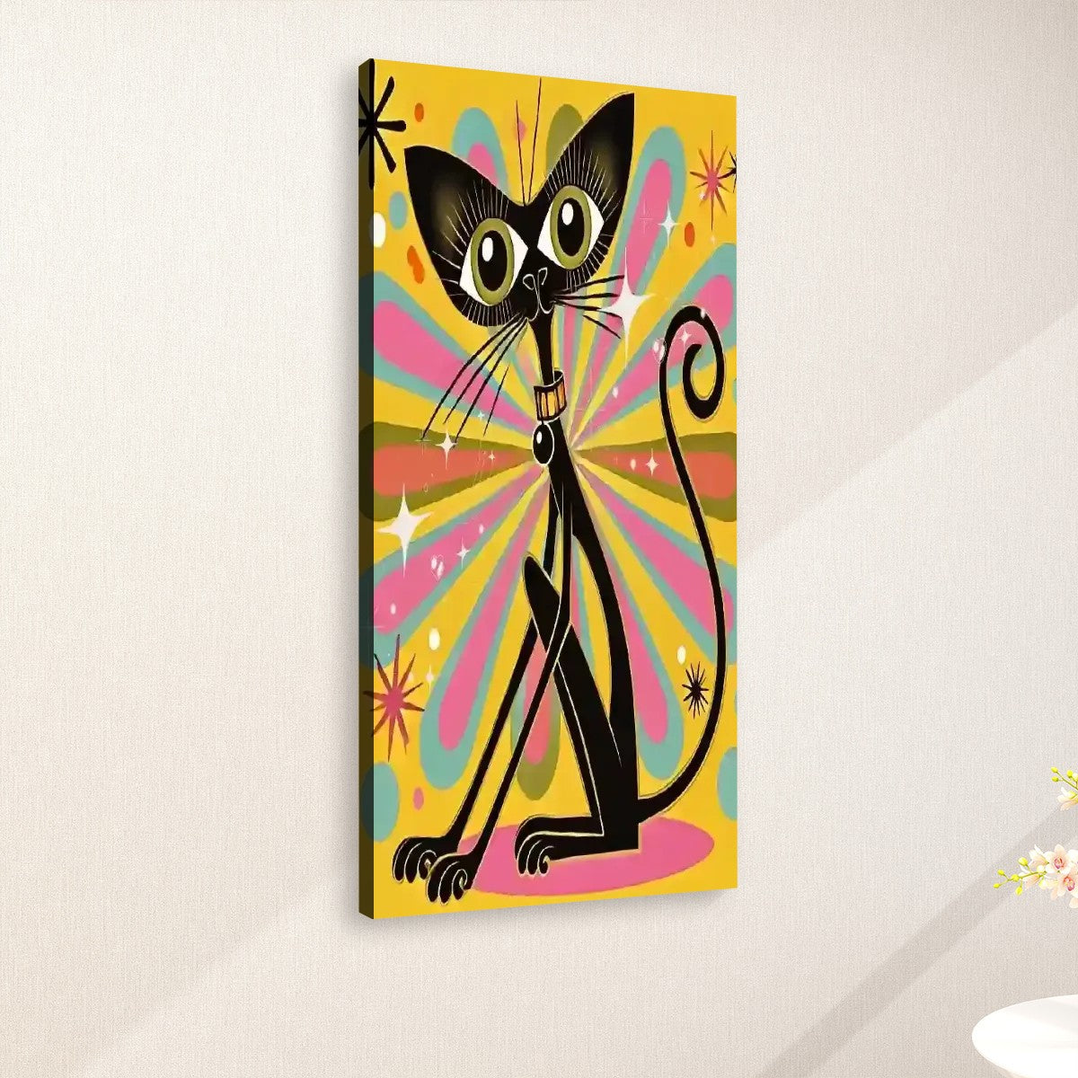 Atomic Groovy Cat Wall Art, Kitschy Retro Quirky Cat Lover Large Canvas Print - Mid Century Modern Gal
