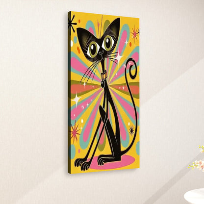 Atomic Groovy Cat Wall Art, Kitschy Retro Quirky Cat Lover Large Canvas Print - Mid Century Modern Gal