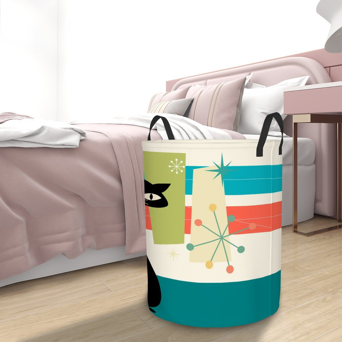 Atomic Kitschy Retro Cat Storage Circular Laundry Basket - Mid Century Modern Gal