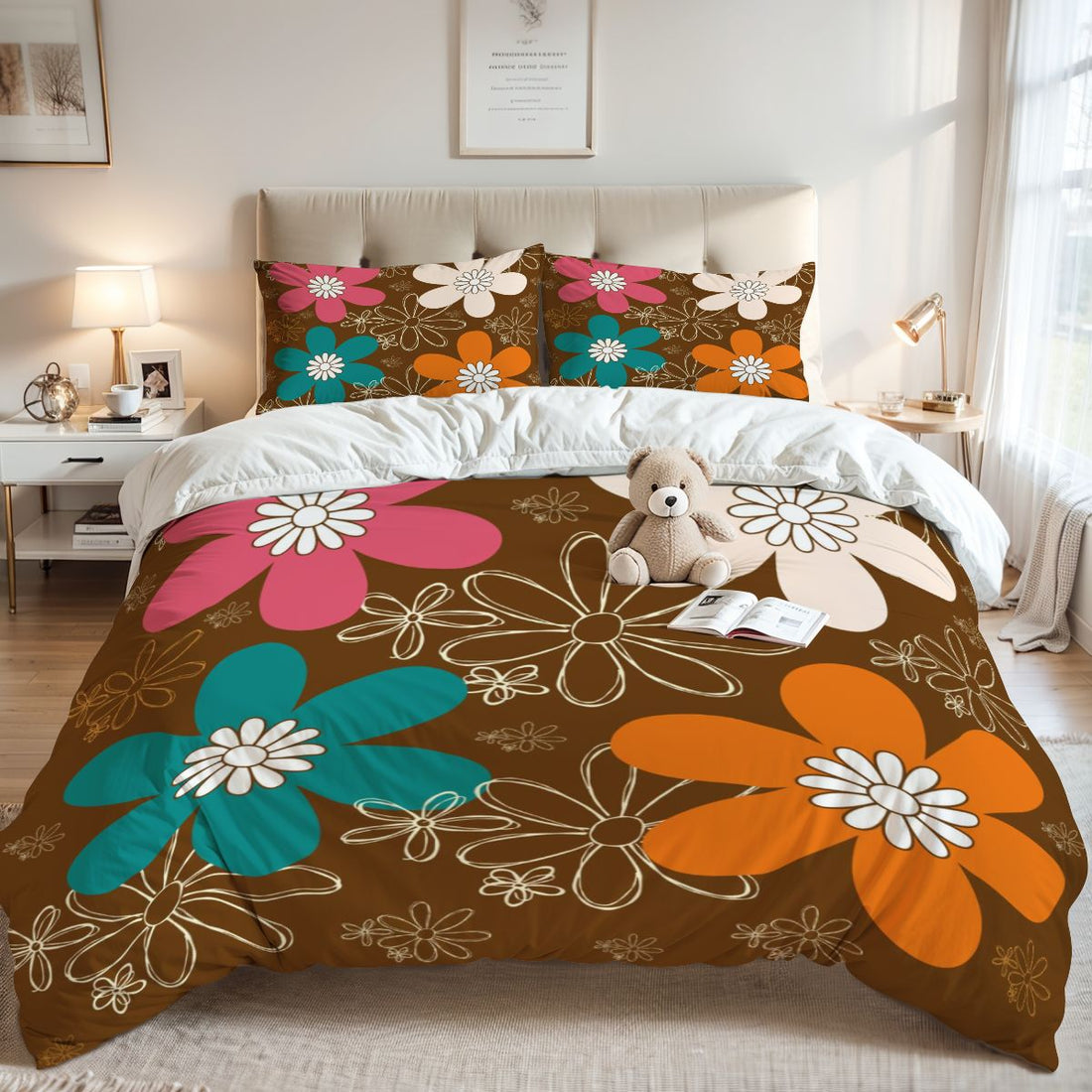 70s Groovy Retro Flower Mod Daisy Brown, Orange Pink Teal Mid Mod Queen Duvet Cover Set - Mid Century Modern Gal