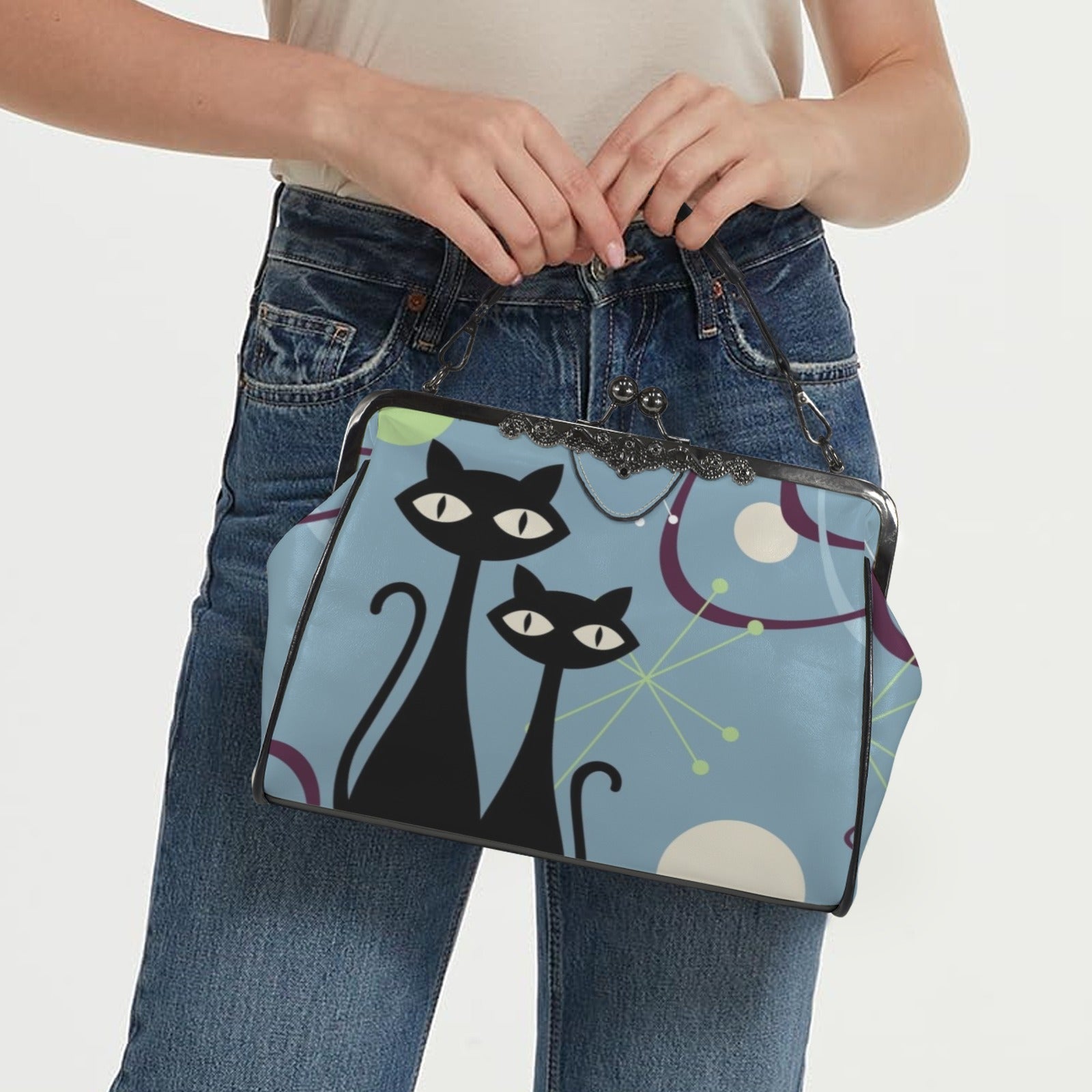 Atomic Cat Kitschy Fun Blue Boomerang Design Modern Kisslock Crossbody Purse - Mid Century Modern Gal