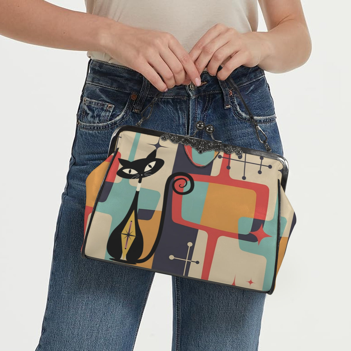 Atomic Mod Cat Retro Kisslock Purse, Shoulder Bag - Mid Century Modern Gal