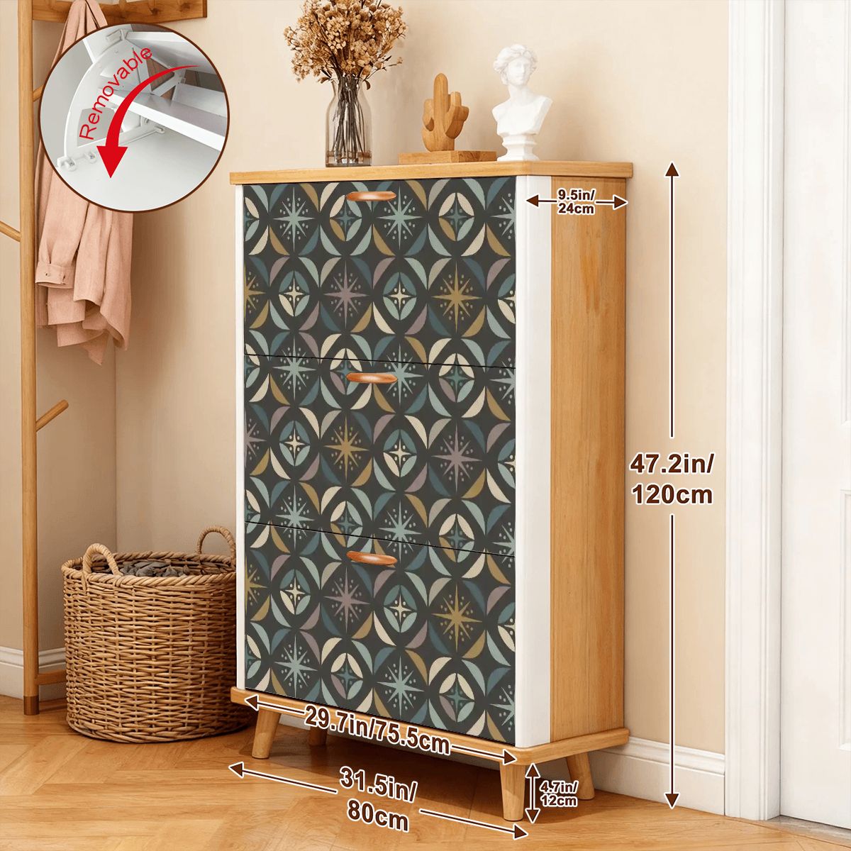 Mid Century Modern Elegant Gray Geometric Starburst Shoe Cabinet