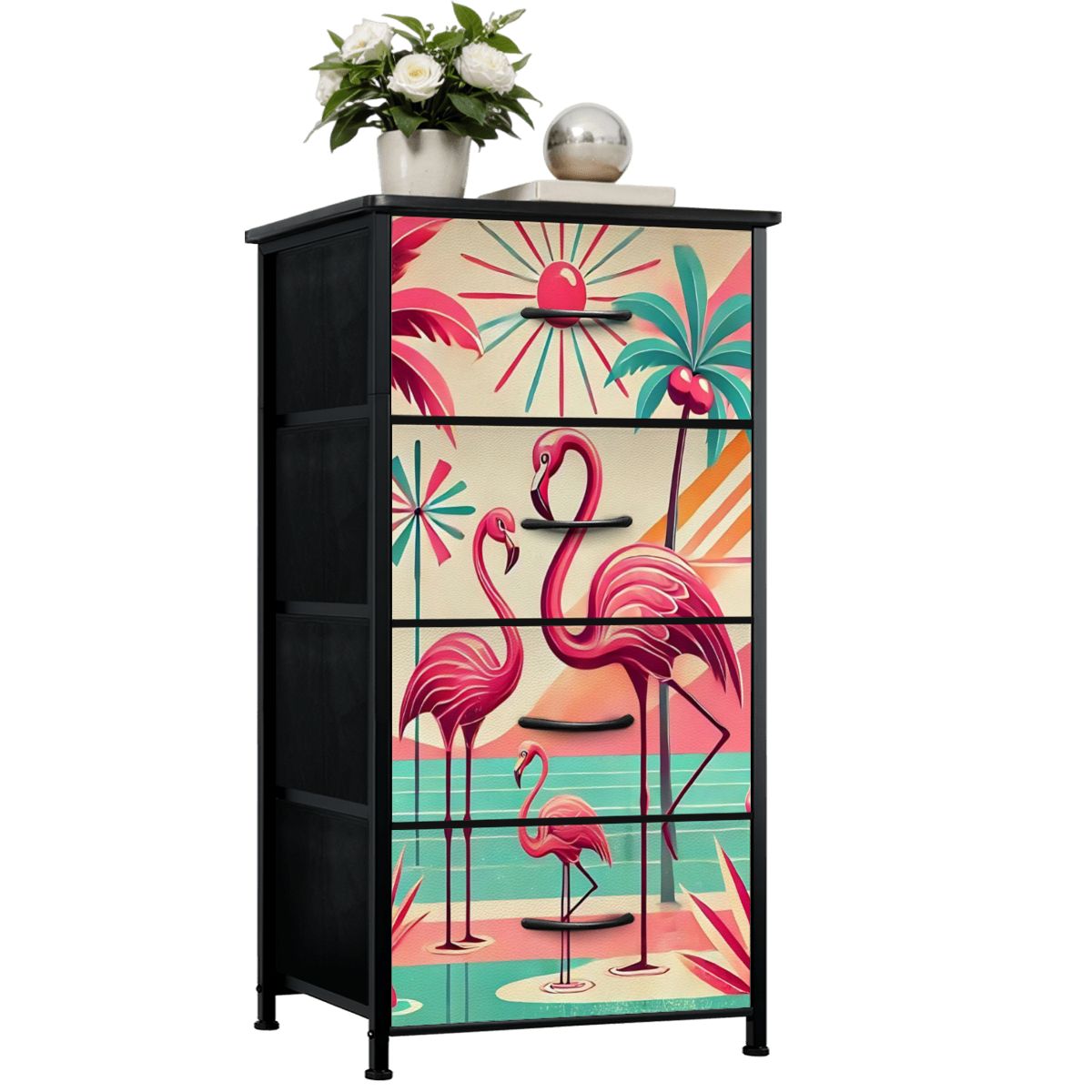 1950s Mid Century Modern Flamingo Art, Kitschy Pink, Teal, MCM 4-Drawer  Dresser