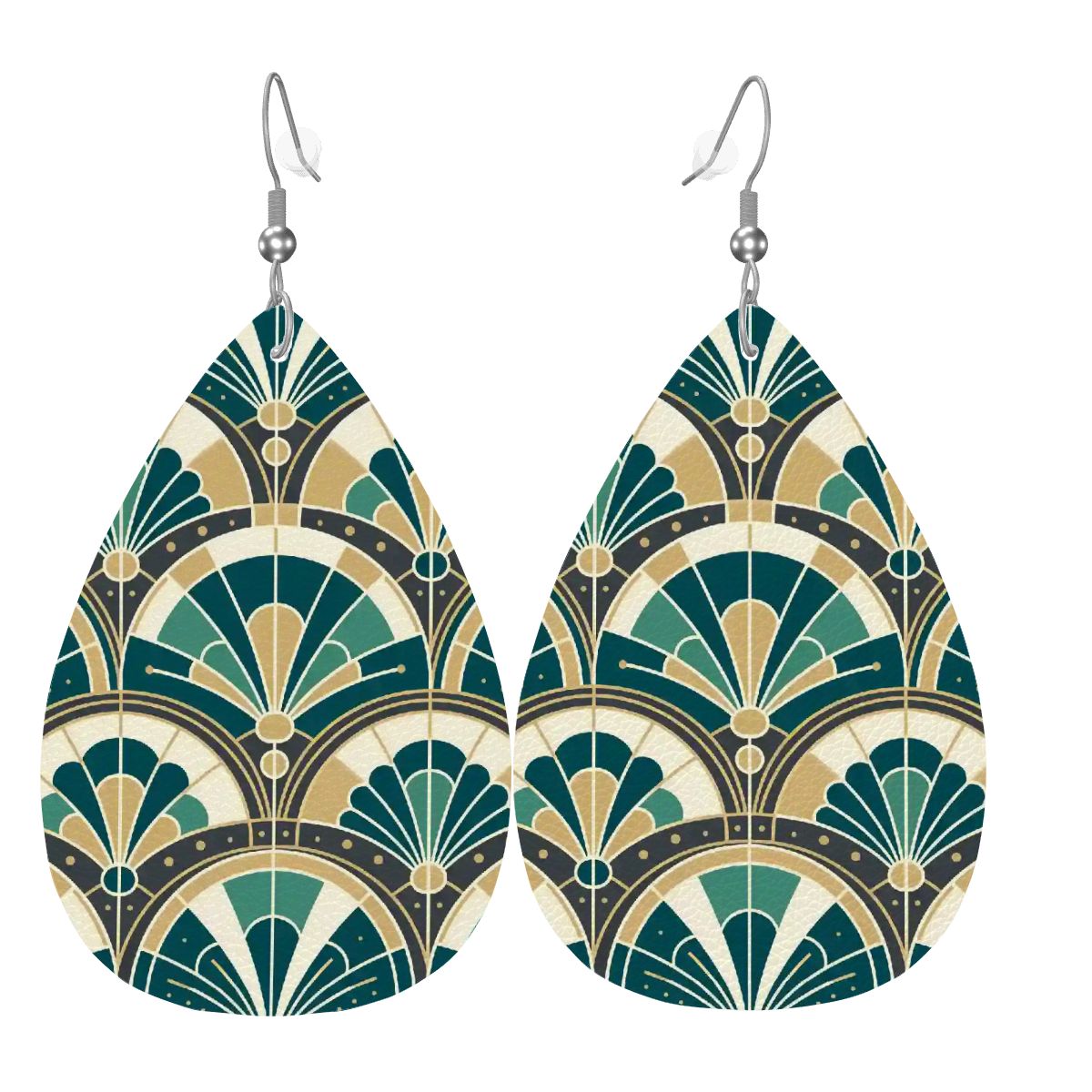 Art Deco Peacock Inspired Vegan Leather Teardrop Earrings - Mid Century Modern Gal