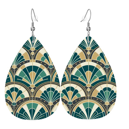 Art Deco Peacock Inspired Vegan Leather Teardrop Earrings - Mid Century Modern Gal
