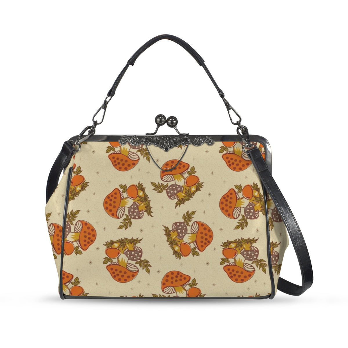 Merry Mushroom 70's Hippie Boho Orange, Groovy Cottagecore Mushroom Kisslock Crossbody Purse - Mid Century Modern Gal