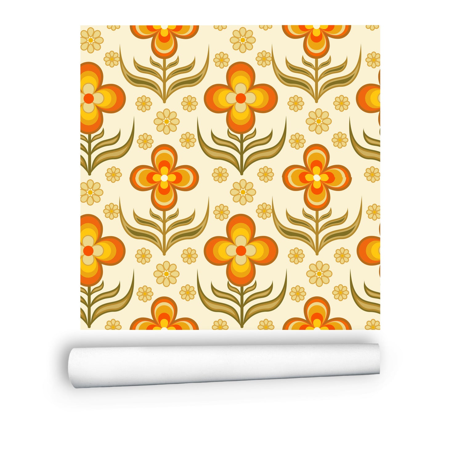 Flower Power, Scandinavian Floral Wallpaper, Peel And Stick Orange, Yellow Green Wall Mural