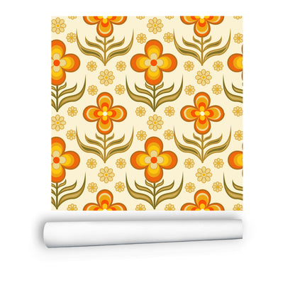 Flower Power, Scandinavian Floral Wallpaper, Peel And Stick Orange, Yellow Green Wall Mural