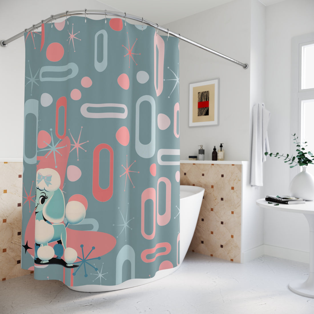 Mid Century Modern Atomic 50s Kitschy Cute Poodle Retro Shower Curtain