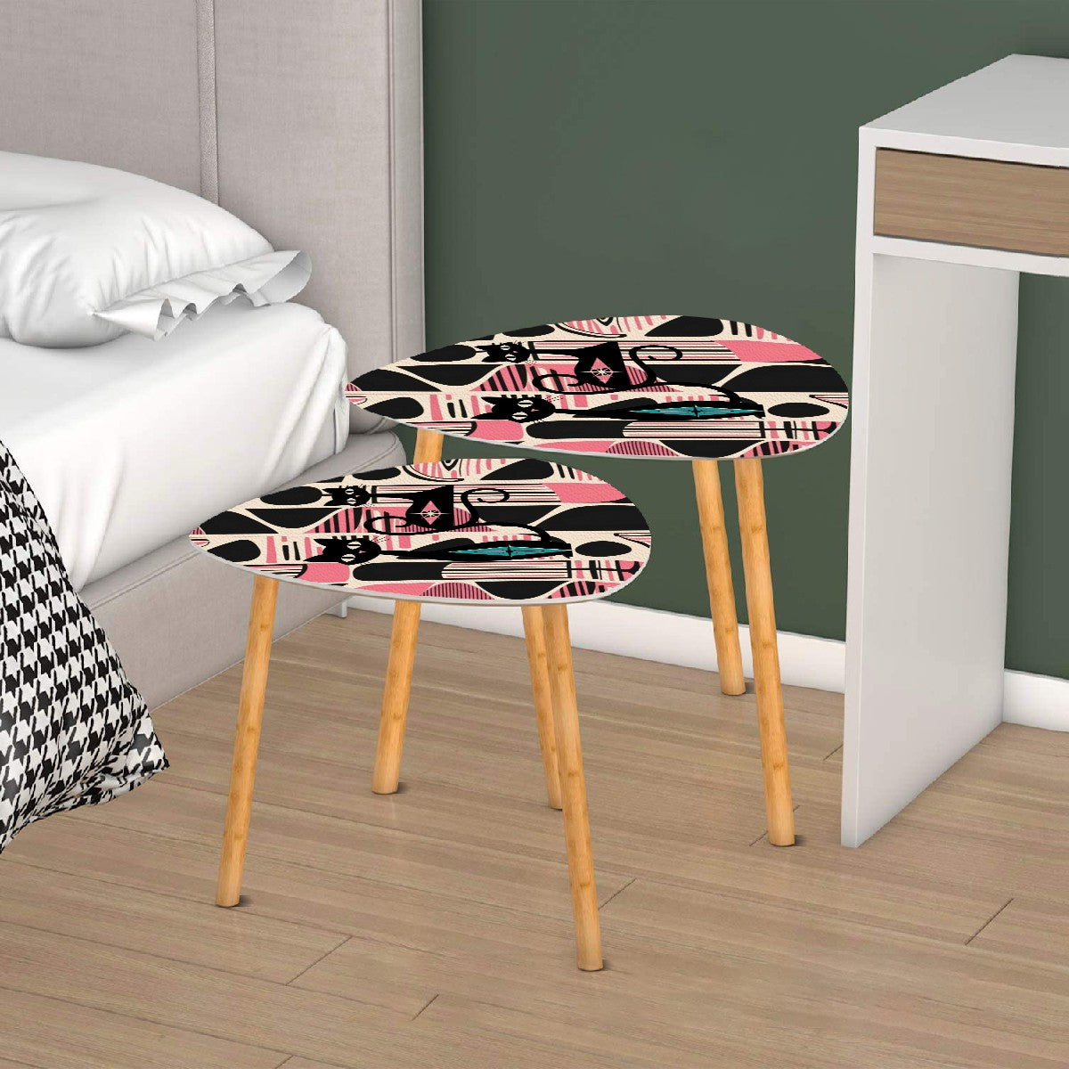 Atomic Cat Mid Mod Nesting Tables, Pink, Black Cream Retro MCM Design - Mid Century Modern Gal