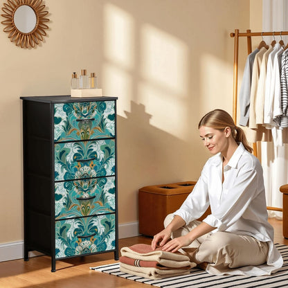 Chinoiserie Floral Teal Green Gold, Elegant 4-Drawer Dresser - Mid Century Modern Gal