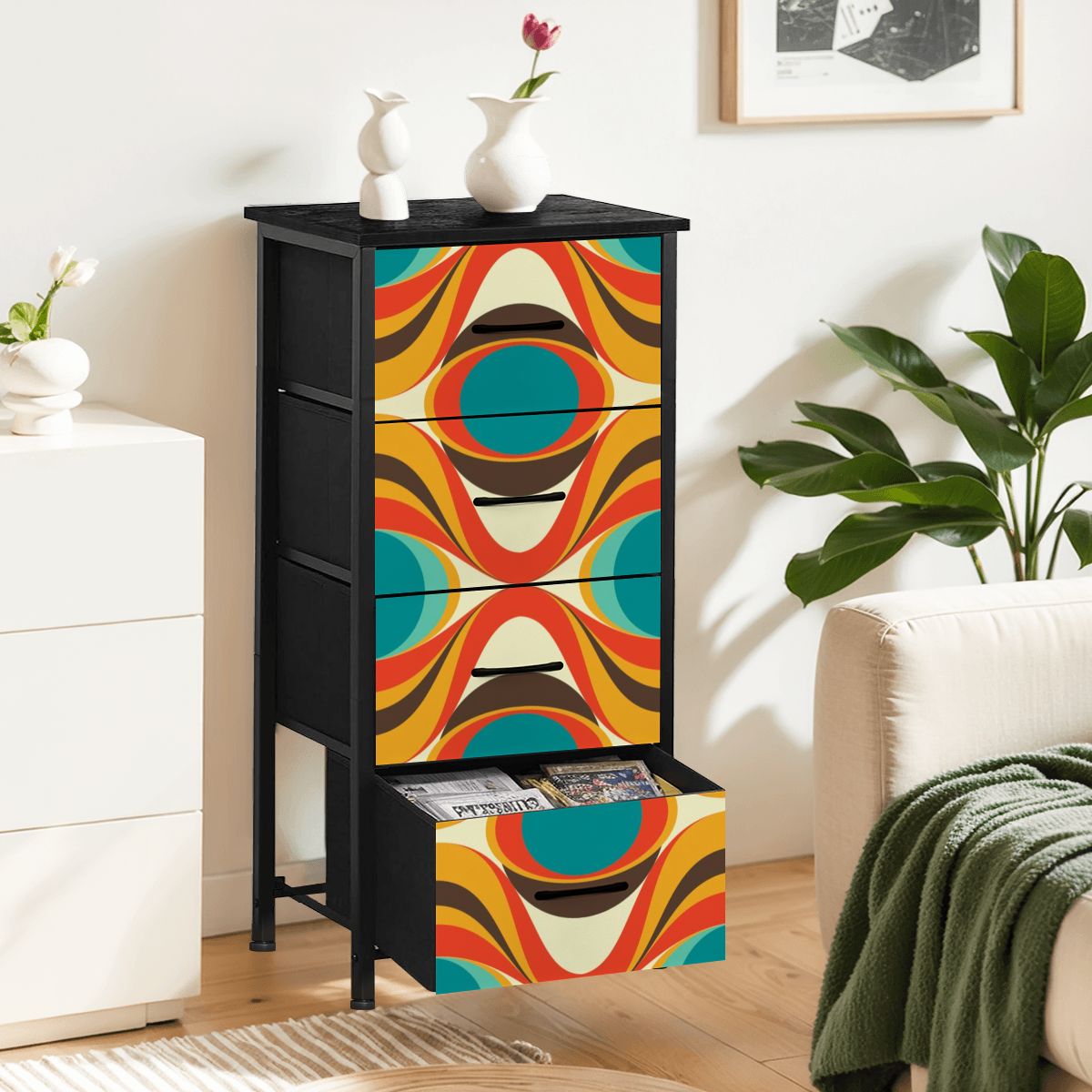 Mid Century Modern Orange Teal Mustard Yellow Mod 4-Drawer Dresser - Mid Century Modern Gal