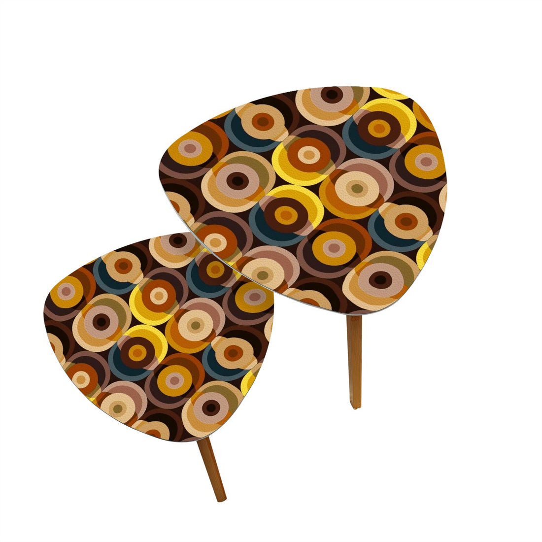 Mid Century Modern Nesting Tables Furniture, Groovy 70s Orbs, Brown, Yellow, Tan, Blue Mid Mod Furniture - Mid Century Modern Gal