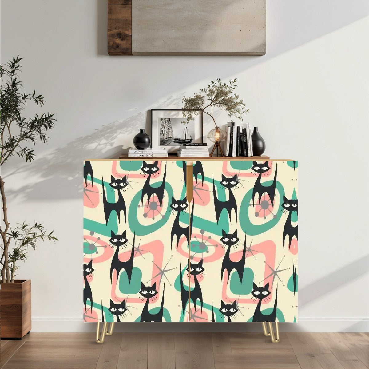 Mid Century Modern Retro Wooden Storage Cabinet With Atomic Cats - Mid Century Modern Gal