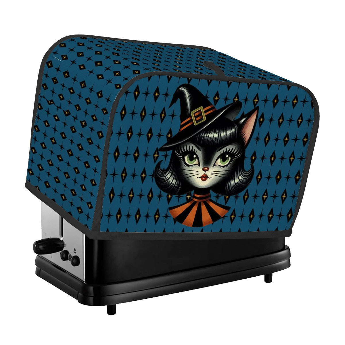 Vintage Halloween Black Cat Sexy Sexton Mid Century Modern Blue 2 Slice Toaster Cover - Mid Century Modern Gal