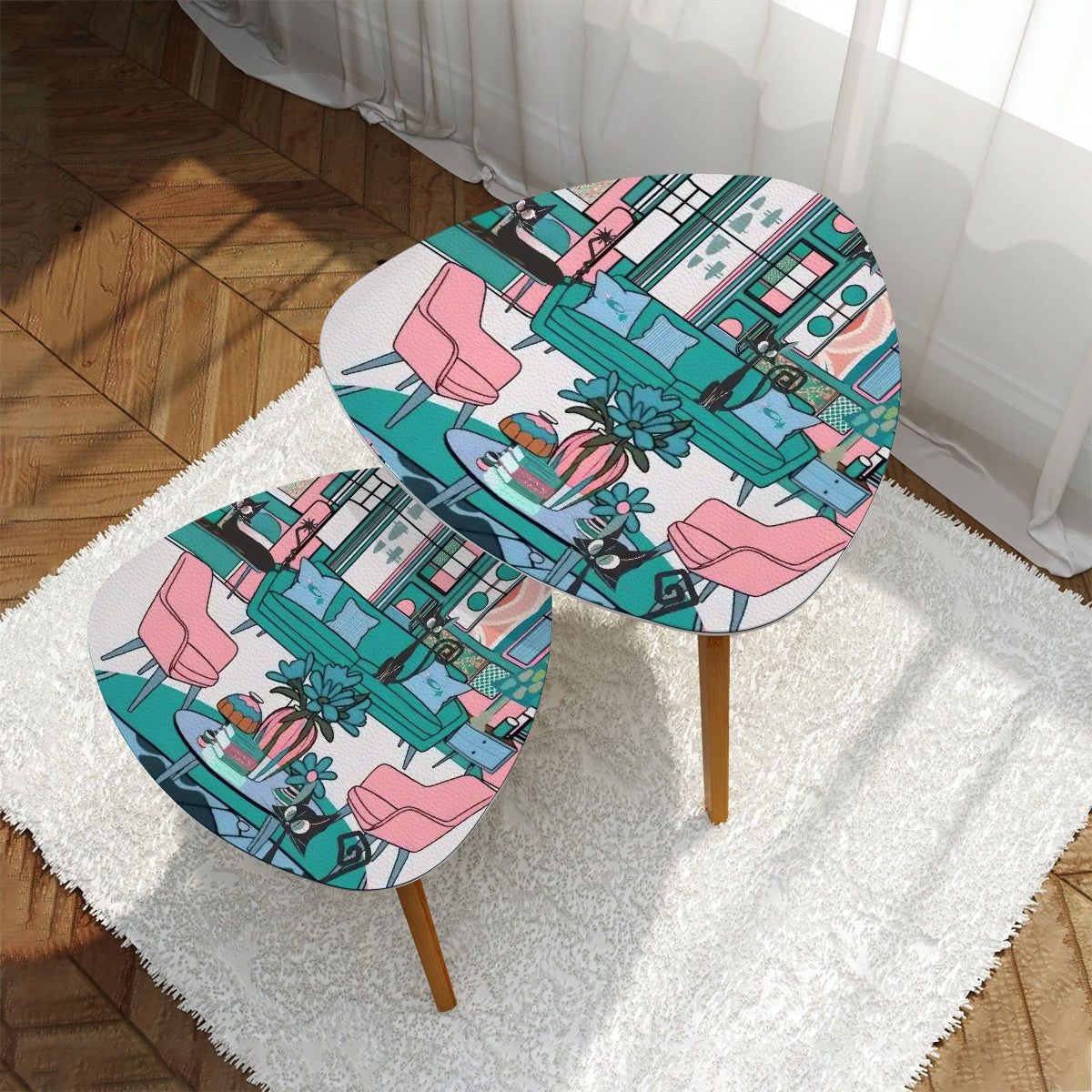 Mid Century Modern Livingroom Nesting Tables, Atomic Cat Kitschy Mod Retro End Tables - Mid Century Modern Gal