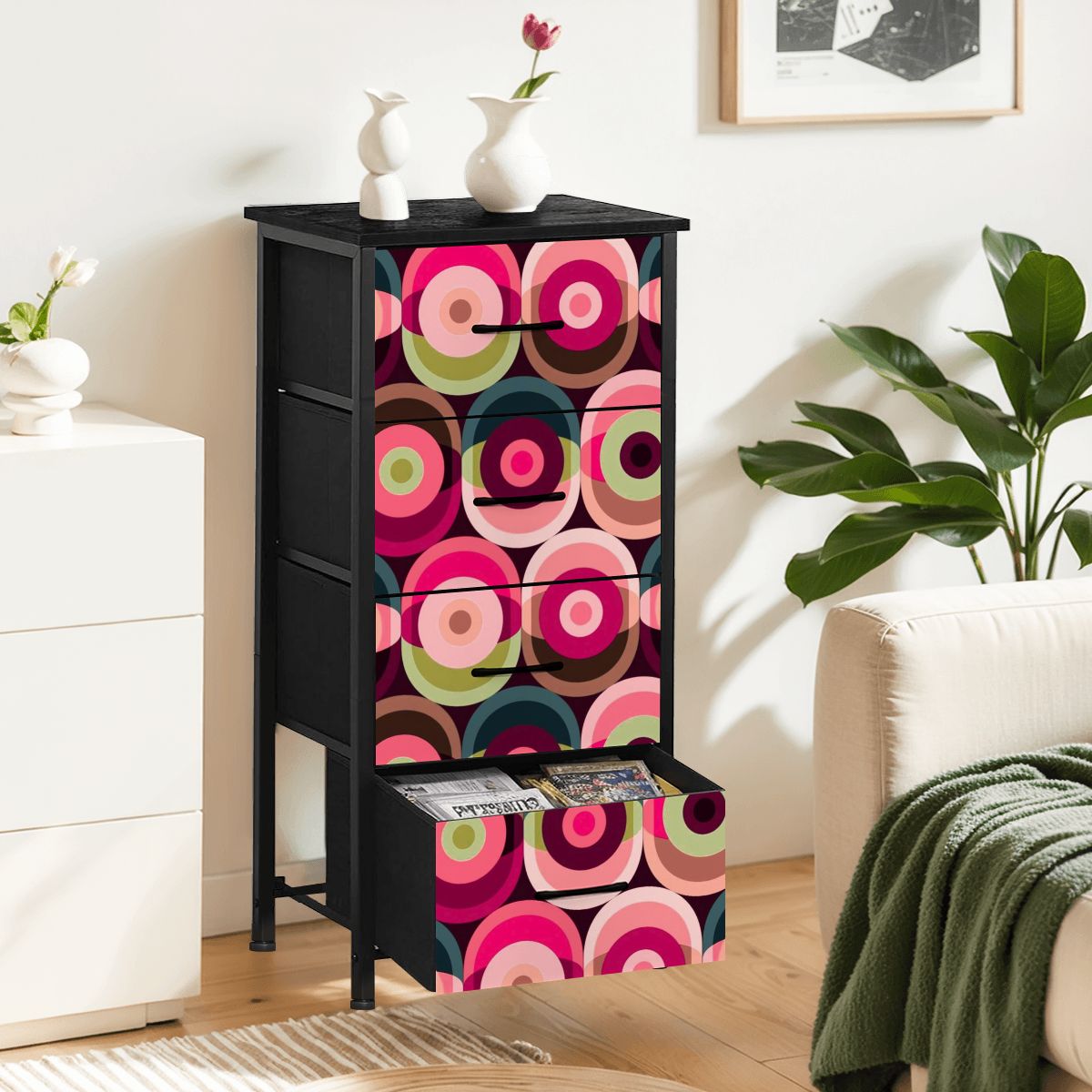 Mid Century Modern Groovy Mod Orbs, Pink, Green Blue Retro 4-Drawer Dresser - Mid Century Modern Gal