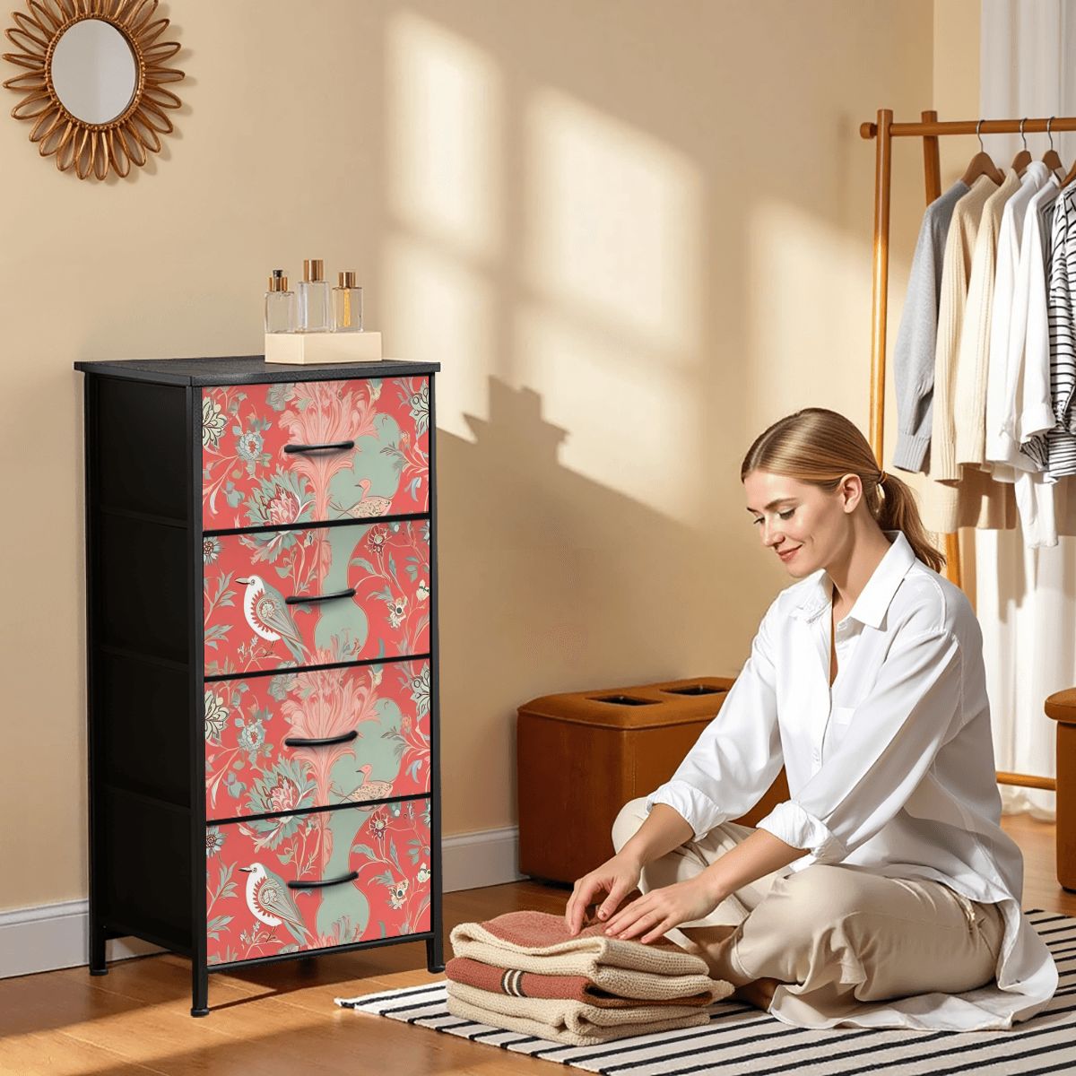 Chinoiserie Botanical Floral Coral, Mint Green Bohemian Floral 4-Drawer Dresser - Mid Century Modern Gal