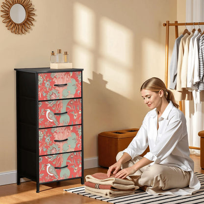 Chinoiserie Botanical Floral Coral, Mint Green Bohemian Floral 4-Drawer Dresser - Mid Century Modern Gal