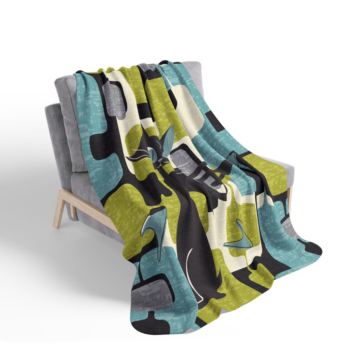 Atomic Cat Blanket, Kitschy Mod Geometric Designed, MCM Sherpa Fleece Blanket - Mid Century Modern Gal