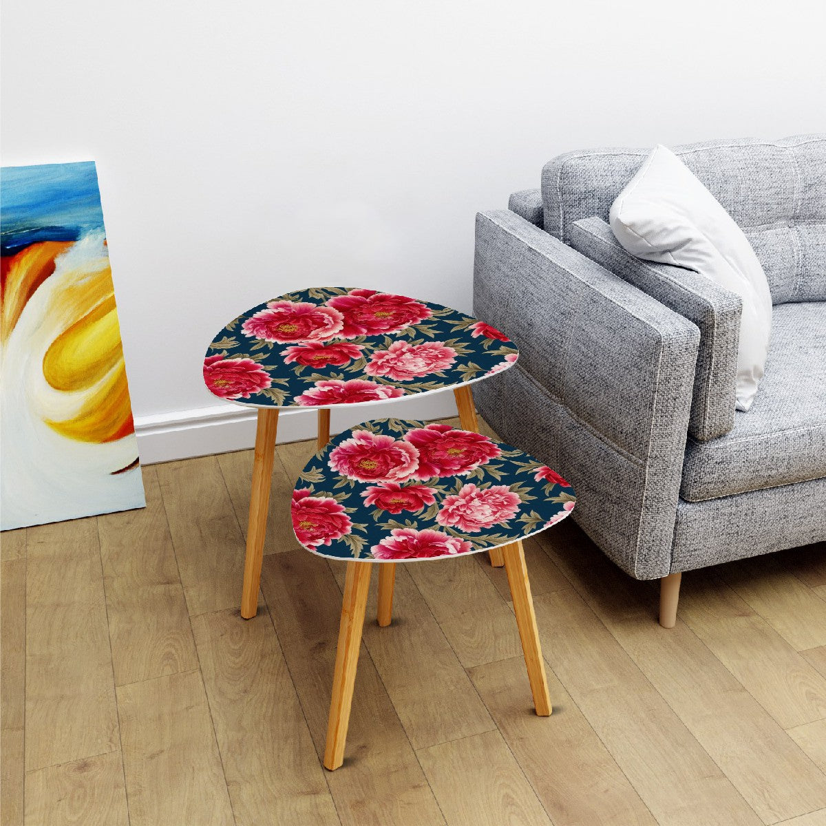 Modern Chinoisierie Royal Blue, Pink Red Floral Nesting Tables - Mid Century Modern Gal