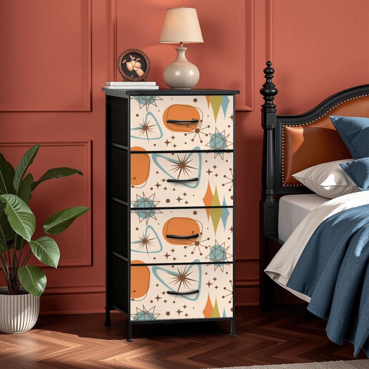 Mid Century Modern Atomic Boomerang, Starbursts Orange Blue Designed 4-Drawer Dresser - Mid Century Modern Gal