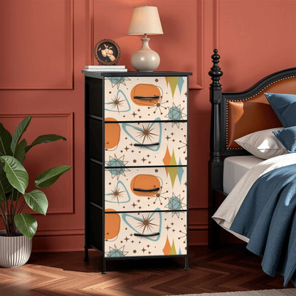 Mid Century Modern Atomic Boomerang, Starbursts Orange Blue Designed 4-Drawer Dresser - Mid Century Modern Gal