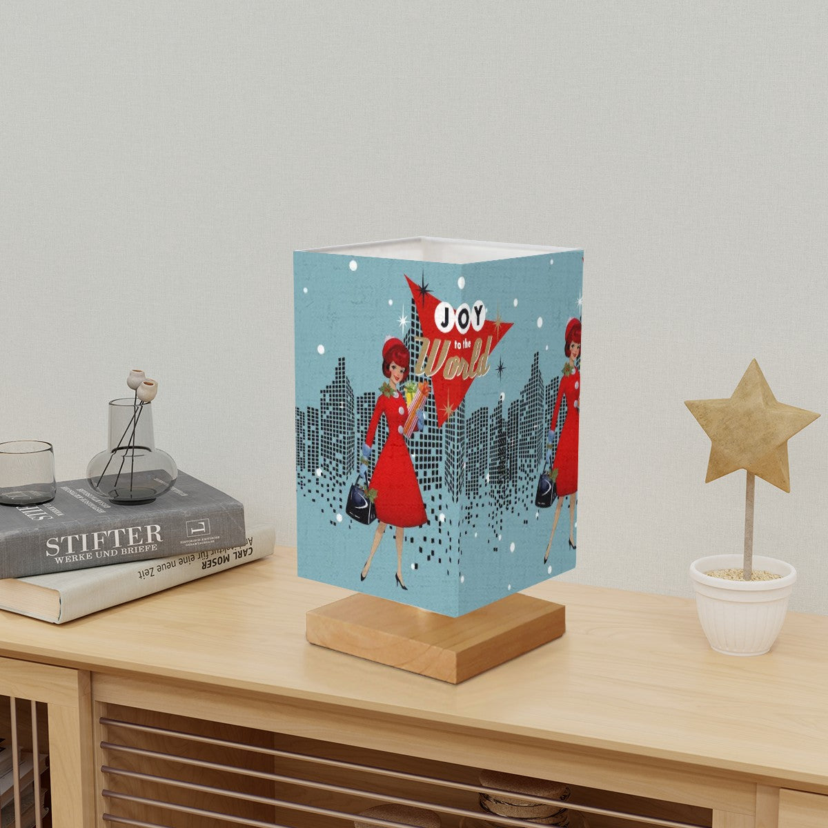Mid Century Modern Christmas Table Lamp, Kitschy Joy To The World Mod Gal In City Square Table Lamp - Mid Century Modern Gal