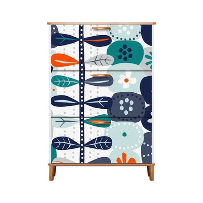 Scandinavian Blue Orange White, Teal Modern Danish Floral Shoe Cabinet - Mid Century Modern Gal