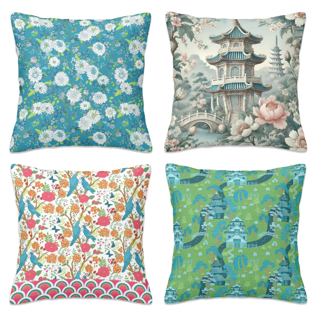 Chinoiserie Asian Inspired Floral Pagoda Pillow Covers - Mid Century Modern Gal