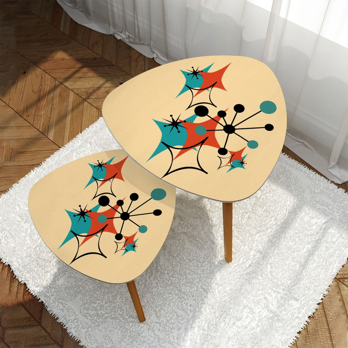 Mid Century Modern Atomic Starbursts, Retro Triangle Coffee Table Set - Mid Century Modern Gal