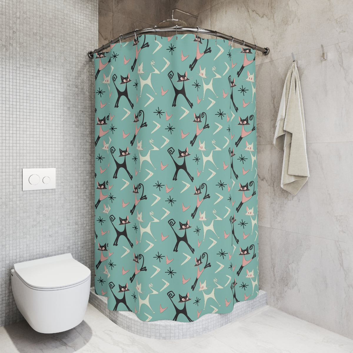 Atomic Cat Art Mid Century Modern Shower Curtain, Whimsical Quirky Cats, Boomerang, Aqua Pink, Kitschy 50s Curtain - Mid Century Modern Gal