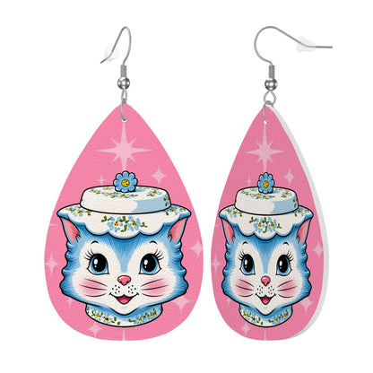 Mid Century Modern Kitschy Anthropomorphic Blue Cat with Floral Hat Vegan Leather Teardrop Earrings