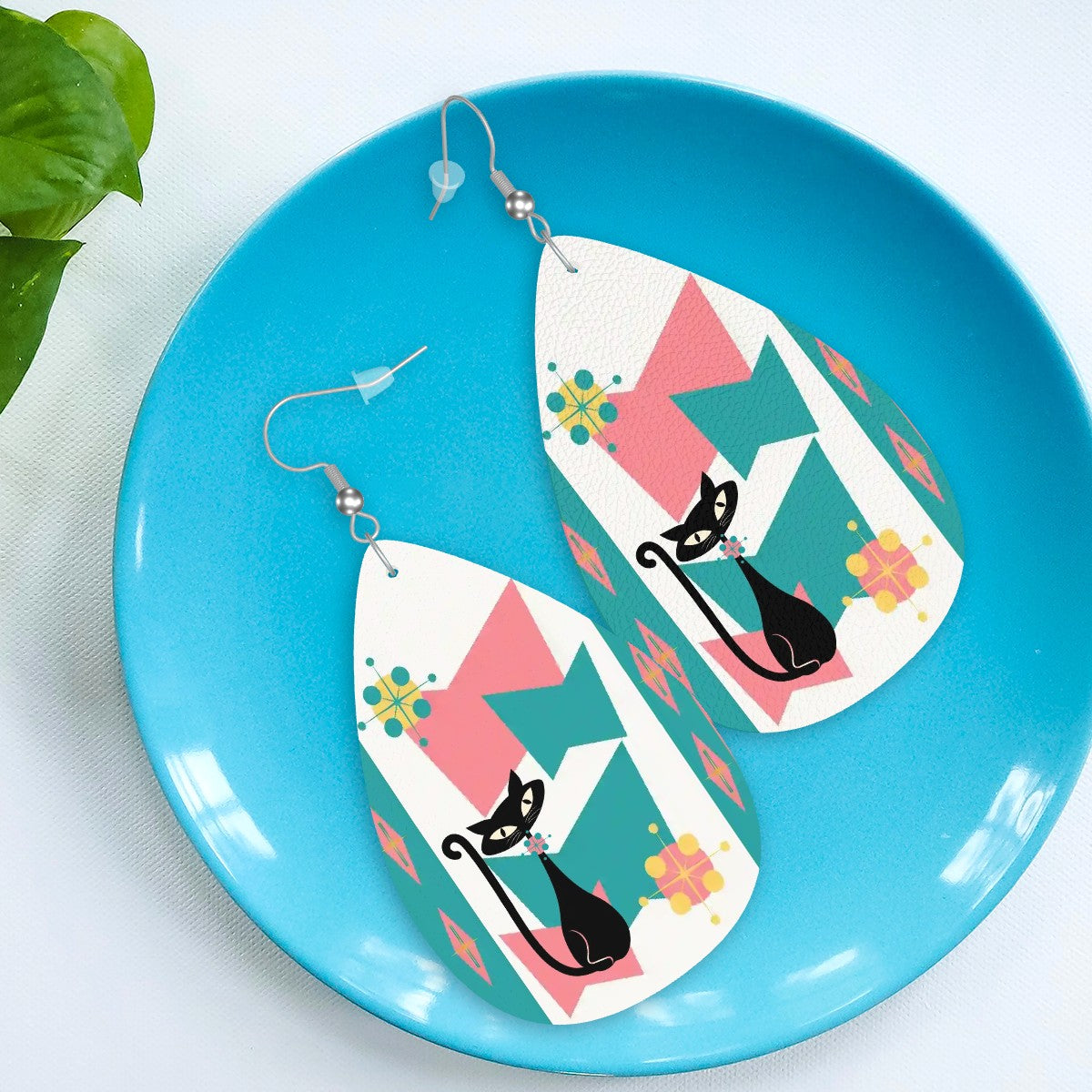 Atomic Kitschy Cat, Pink Teal Retro Vegan Leather Teardrop Earrings - Mid Century Modern Gal