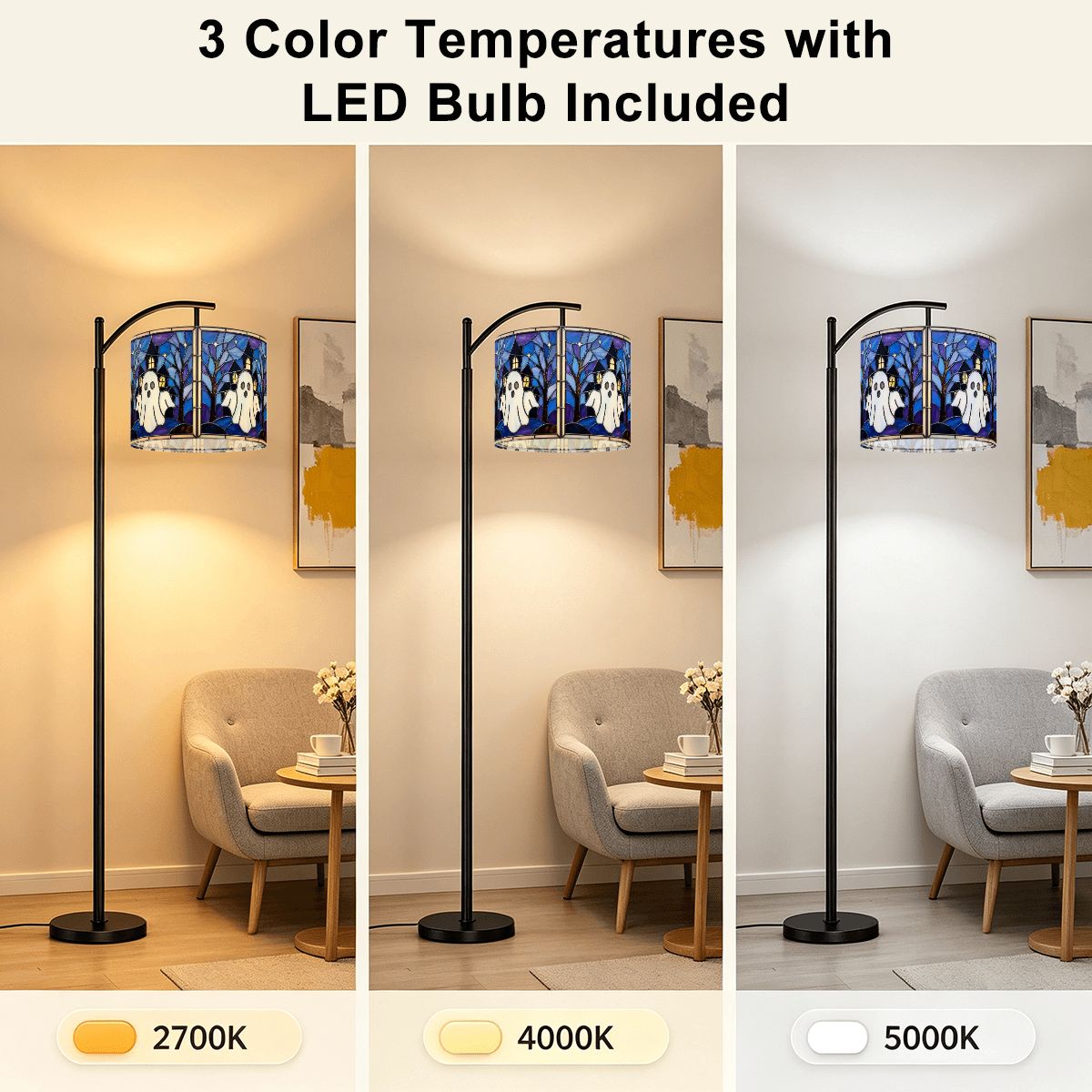 Halloween Stained Glass Style Ghost Haunted House Arc Floor Lamp