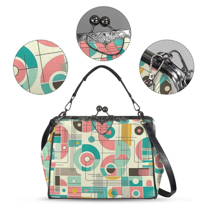 Mid Century Modern Bauhaus Designed Pink, Teal, Yellow Kisslock Crossbody Purse - Mid Century Modern Gal