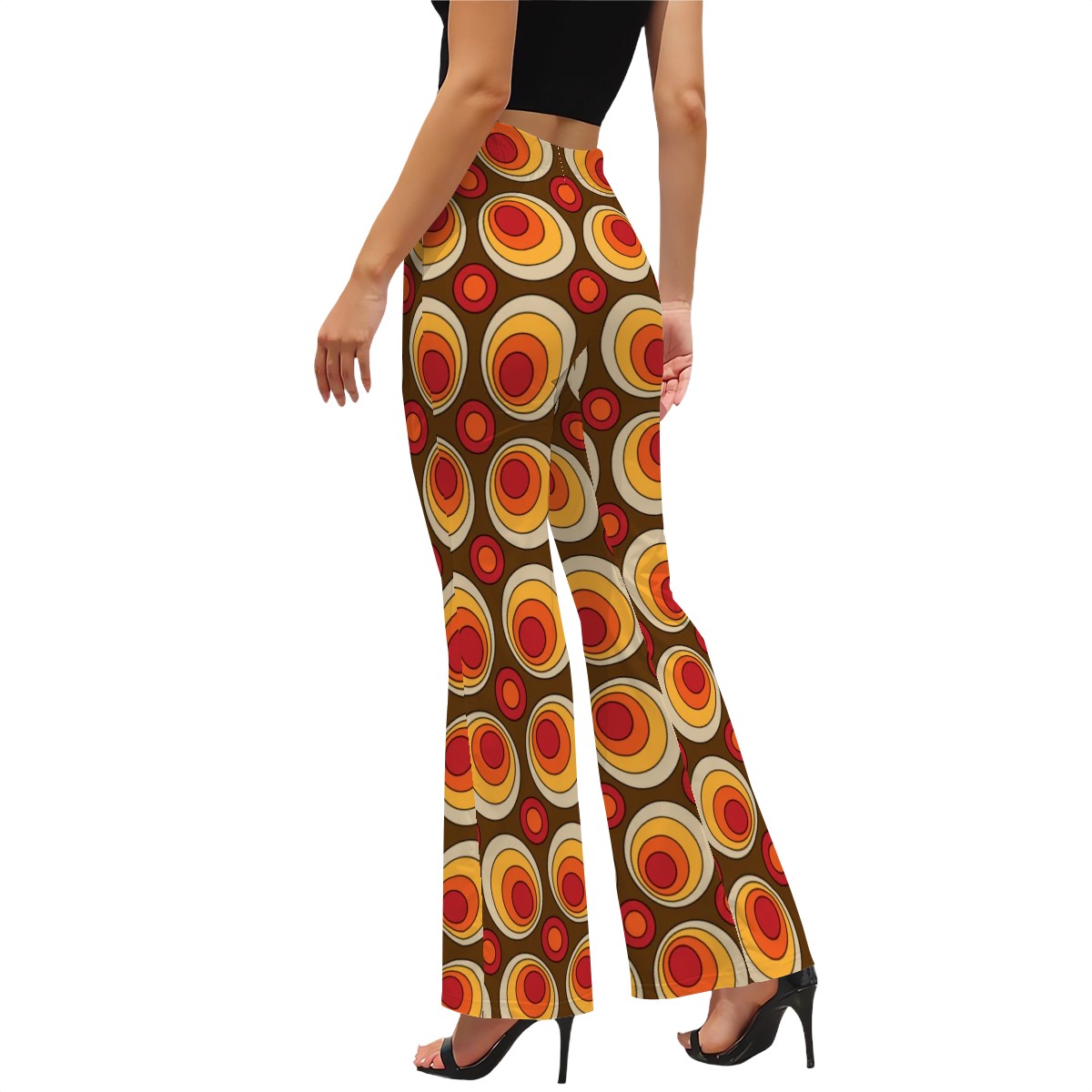 70s Style Women's Flared Pants, Groovy Orbs, Brown Orange, Yellow Hip Fun Apparel - Mid Century Modern Gal