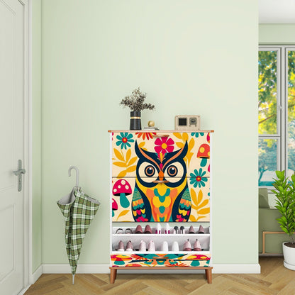 Retro 1970s Owl Mushroom Floral Mid Mod Shoe Storage Cabinet - Mid Century Modern Gal