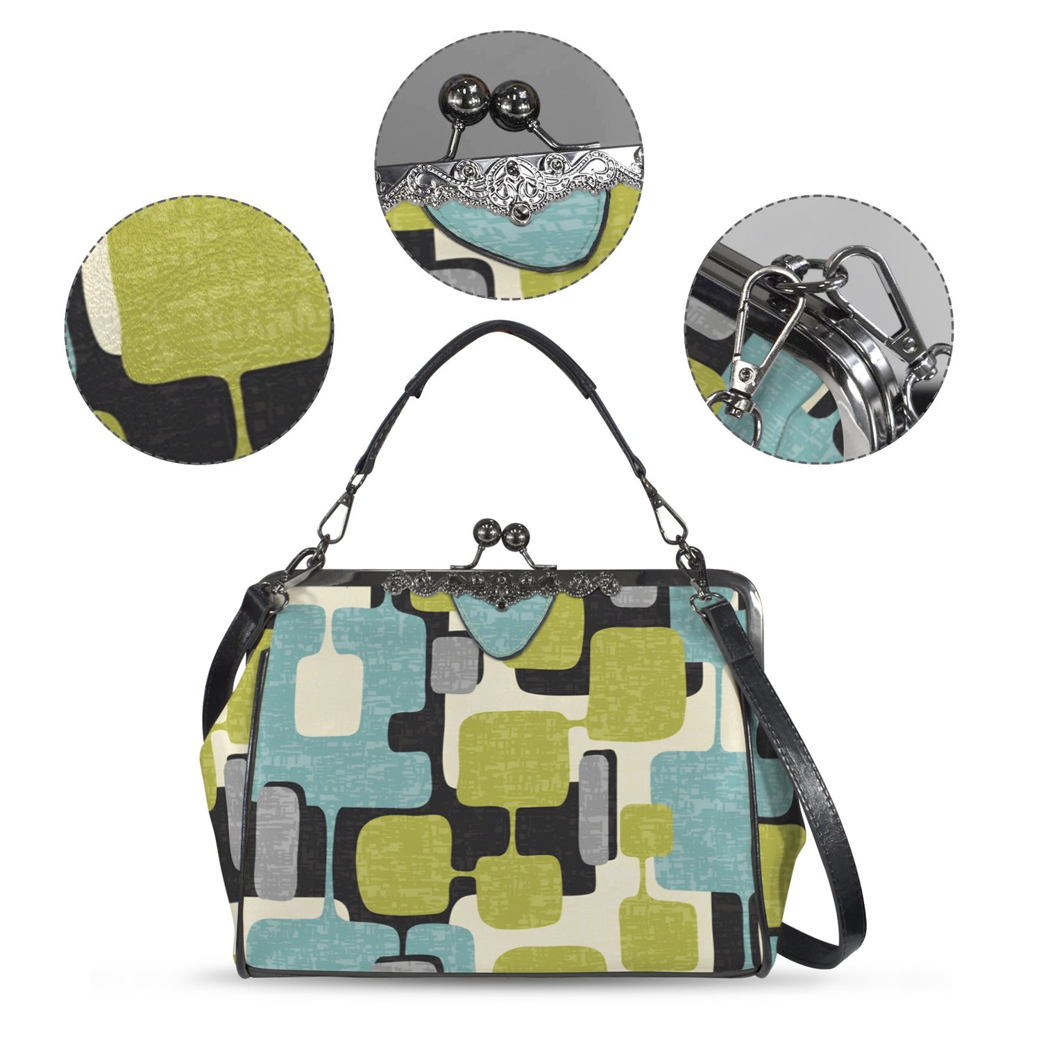 Mid Century Modern Geometric Designed Mod Teal Green Kisslock Crossbody Purse - Mid Century Modern Gal