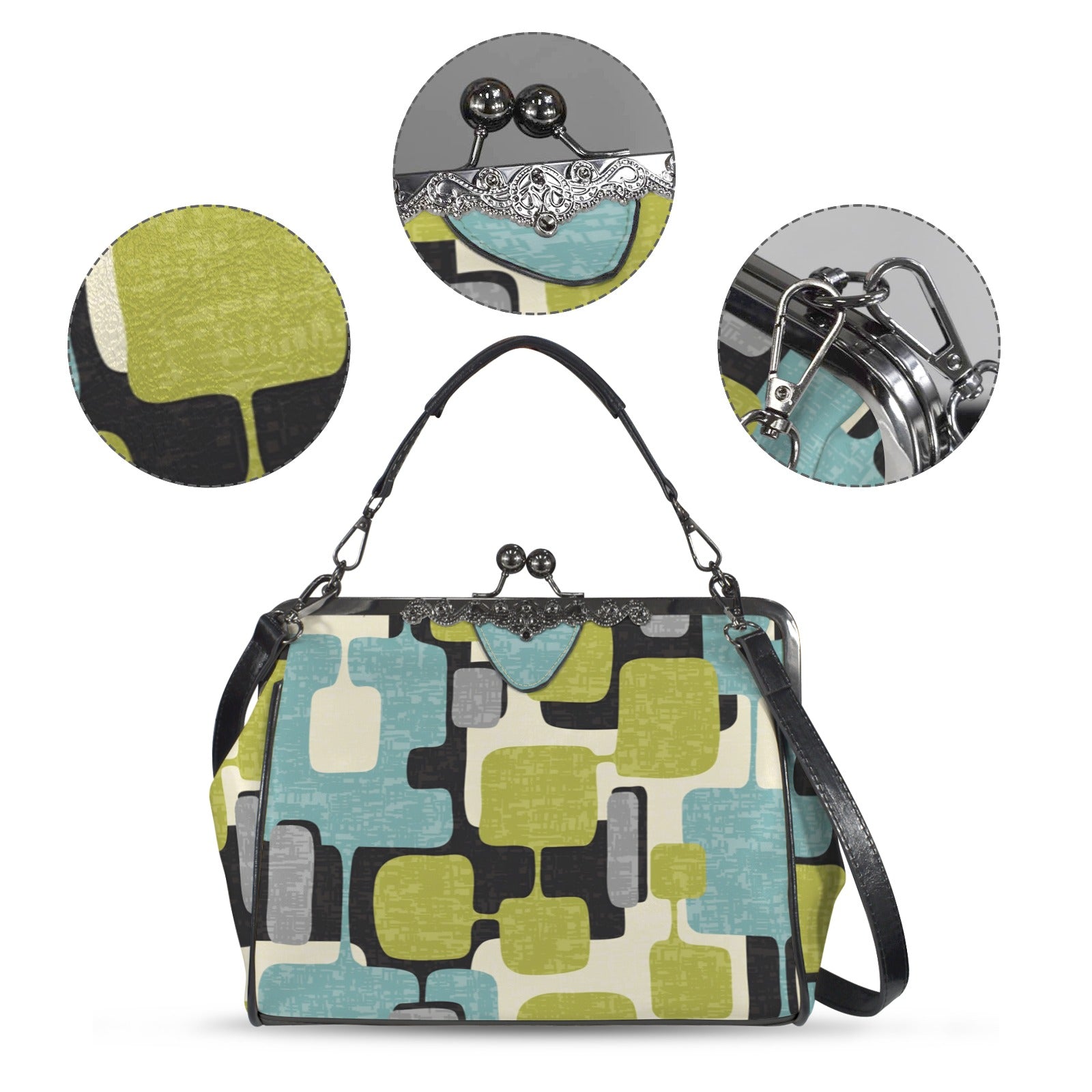 Mid Century Modern Geometric Designed Mod Teal Green Kisslock Crossbody Purse - Mid Century Modern Gal