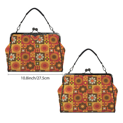 Retro 70s Mod Floral Orange Brown Yellow Mid Mod Hip Kisslock Crossbody Purse - Mid Century Modern Gal