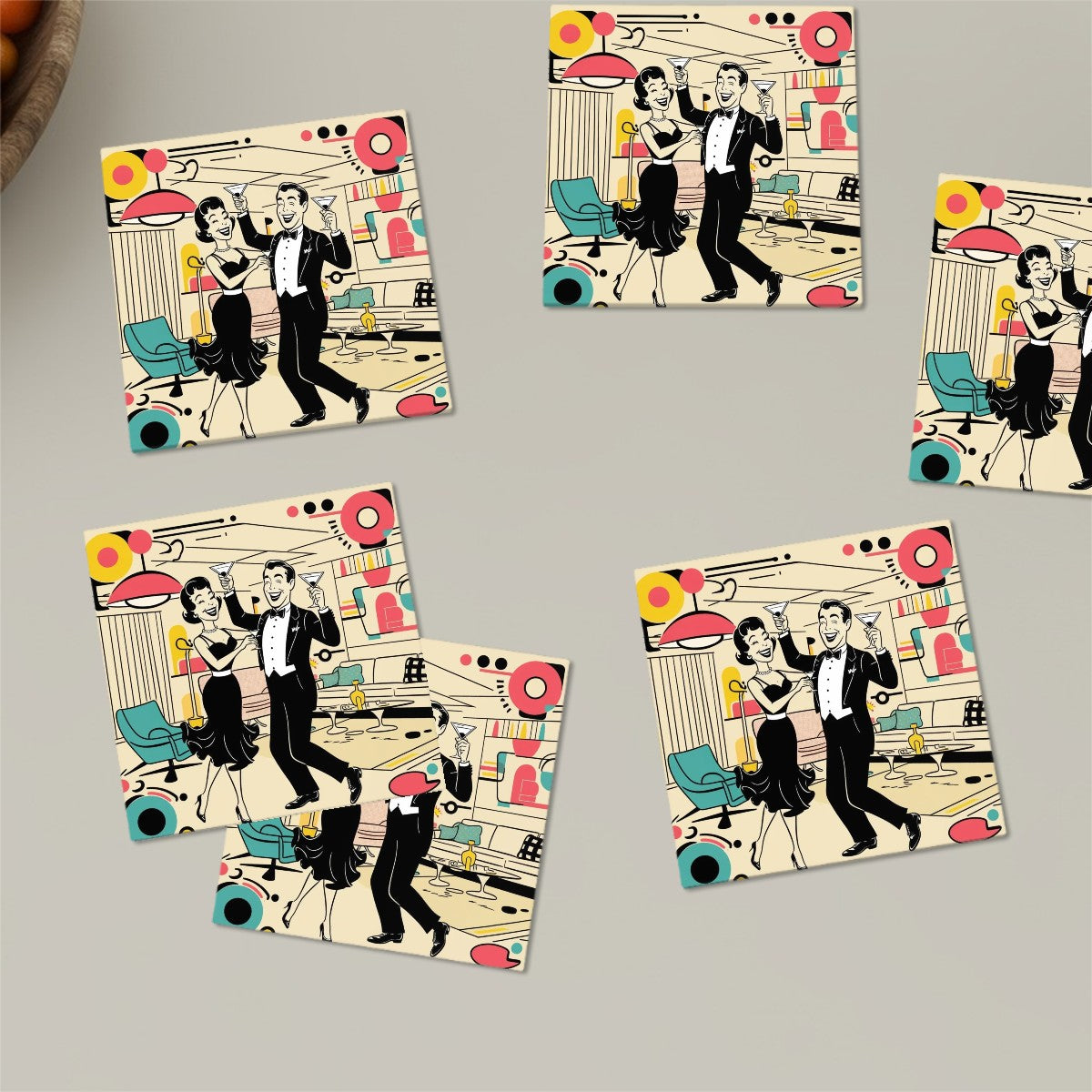 Mid Century Modern Kitschy Mod Couple Retro Barware Square Ceramic Coasters Set of 6 - Mid Century Modern Gal