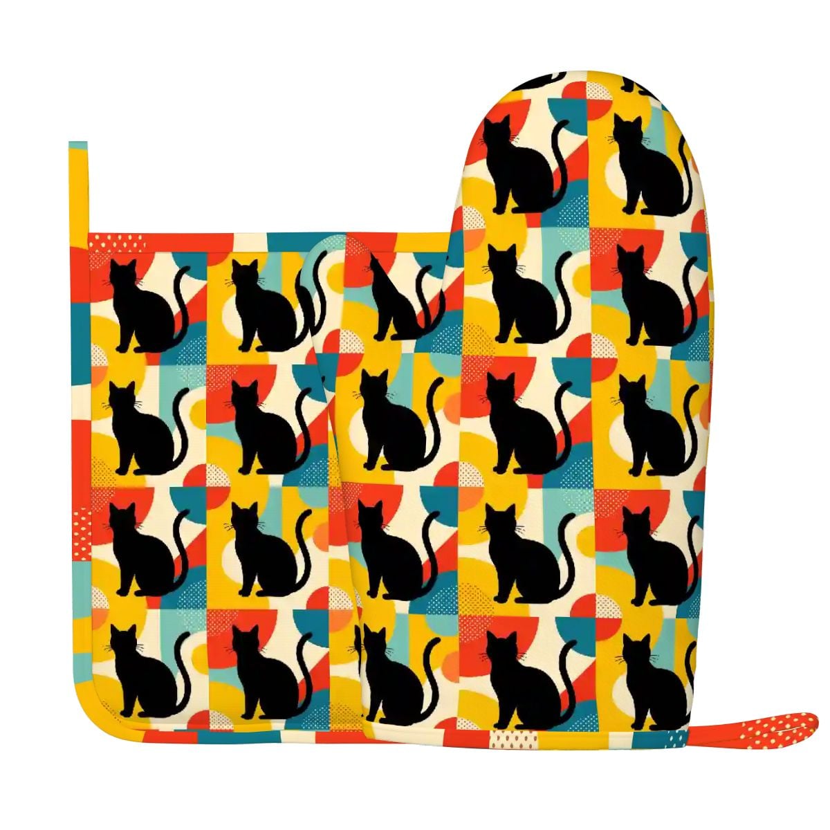 Pop Art Black Atomic Cats, Red Blue Yellow, Silicone Oven Mitts and Pot Holders Sets (Right Hand) - Mid Century Modern Gal